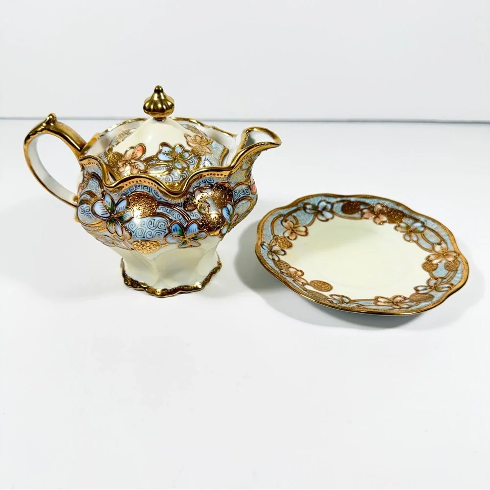 Antique Nippon Syrup Jug & Plate Hand Painted Blue Gold Moriage Flower‎ Signed